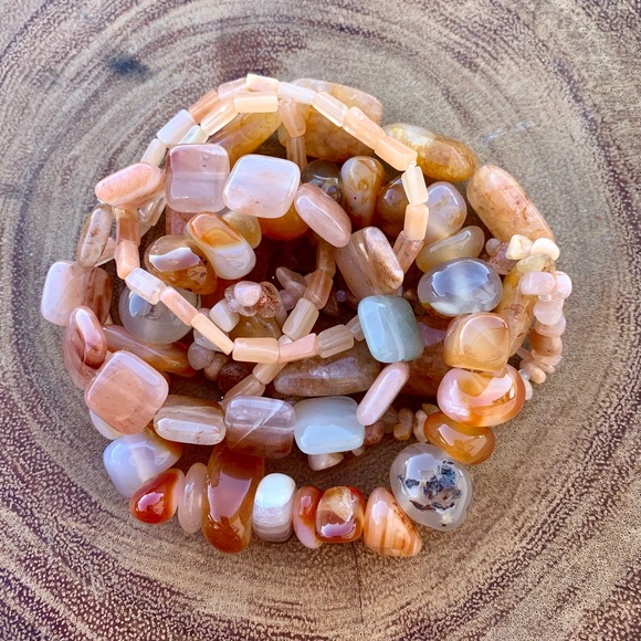 Natural Orange Carnelian & Peach Aventurine Gemstone Mix Beads Bracelet Stack - Picture 7 of 10